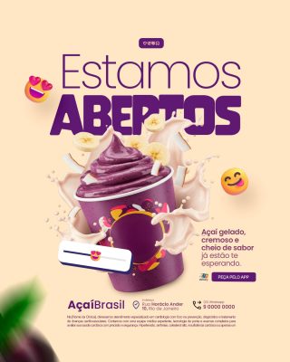Açaiteria Estamos Abertos  Açaí Gelado Cremoso PSD Editável
