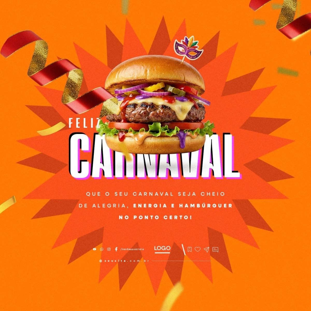 Carnaval Feliz Carnaval com Hambúrguer no Ponto Certo PSD Editável