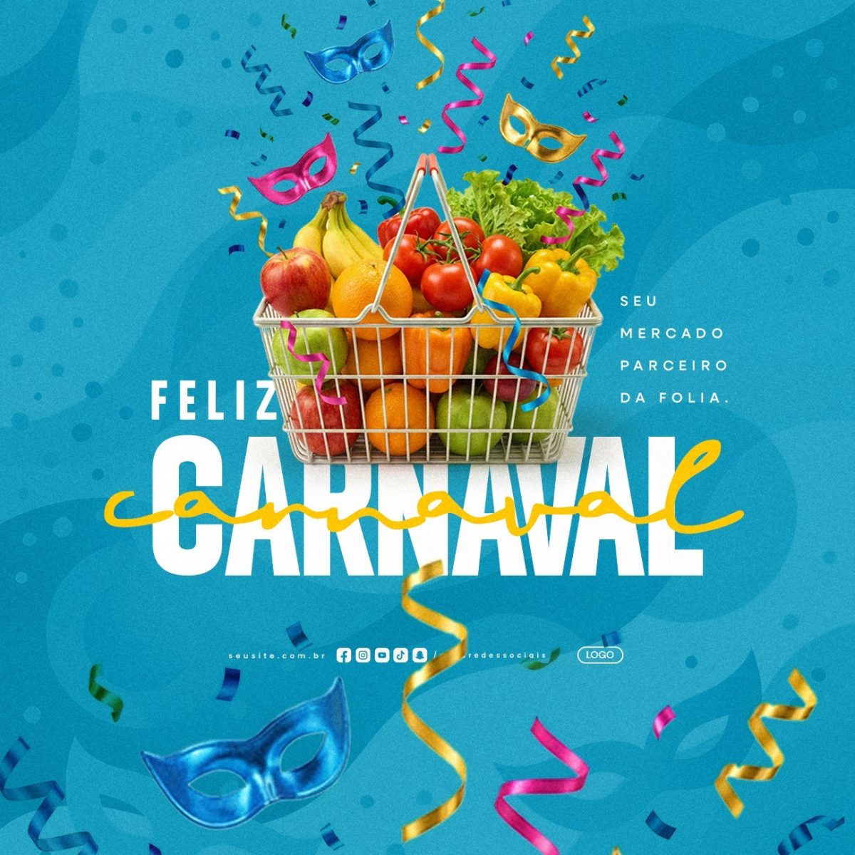 Carnaval Feliz Seu Mercado Parceiro da Folia Cesta PSD Editável