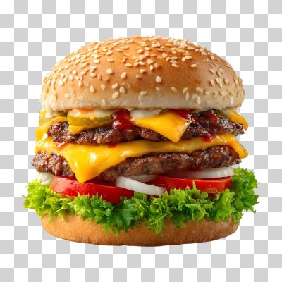 Hambúrguer Gourmet Duplo com Queijo Cheddar e Salada PNG Transparente