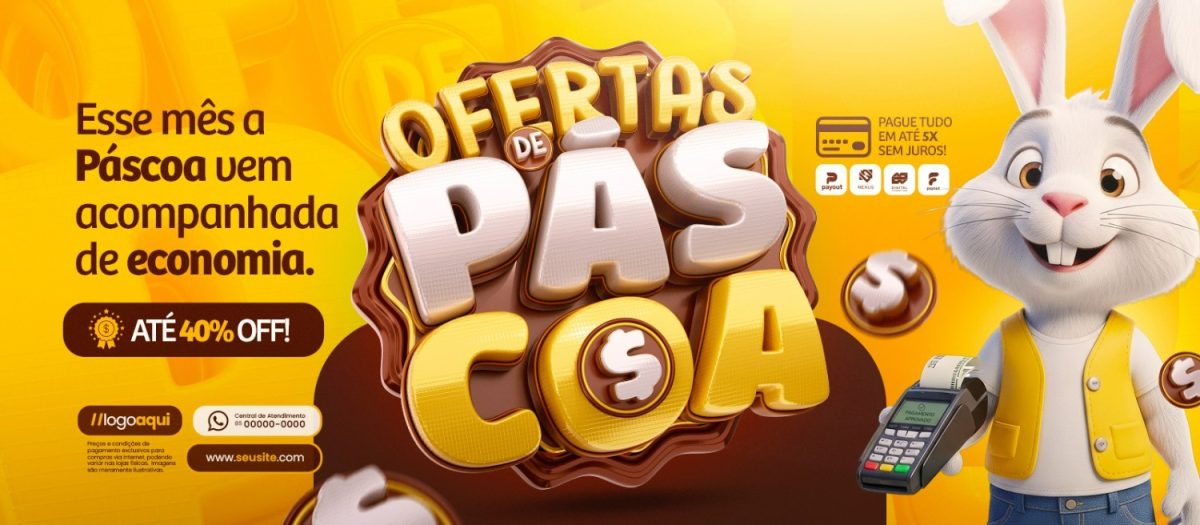 Páscoa Ofertas de Páscoa Até 40% OFF Banner PSD Editável