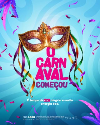 Carnaval Chegou Máscara Ouro e Fitas Coloridas Post PSD Editável