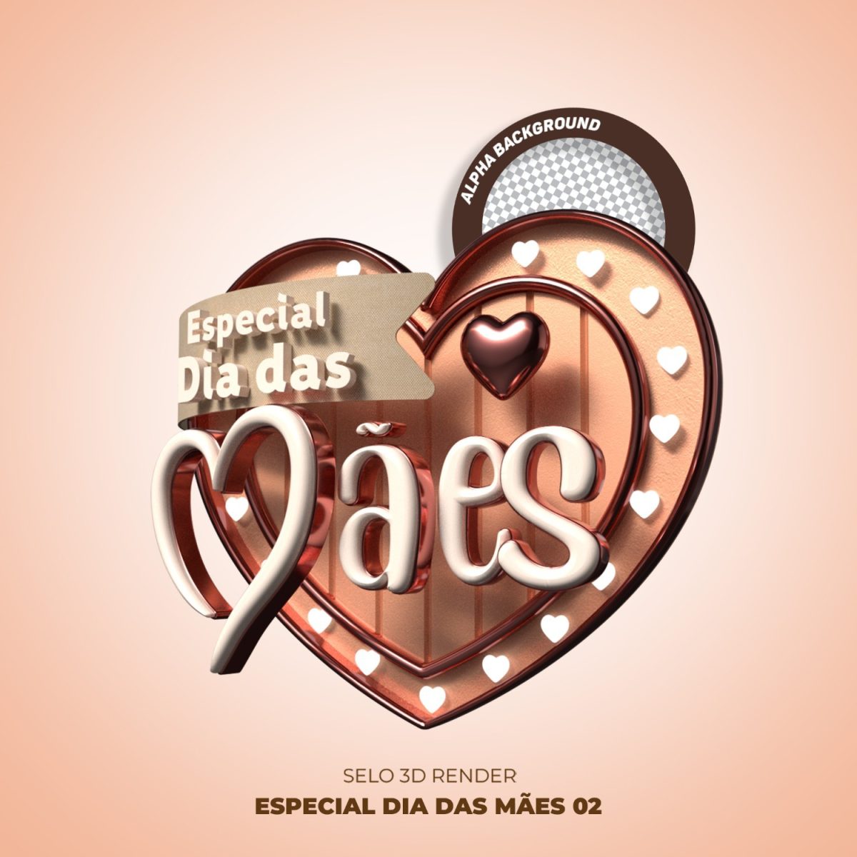 Dia das Mães Especial Símbolo Coração Selo 3D Render PSD Editável