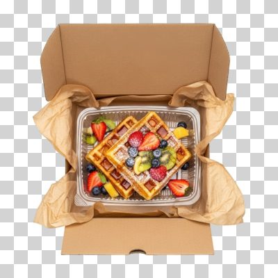 Waffles com Frutas Vermelhas e Kiwis em Embalagem PNG Transparente