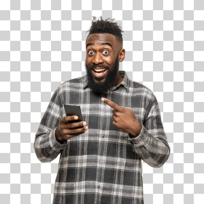 Homem Surpreso Apontando para Celular Promoção PNG Transparente