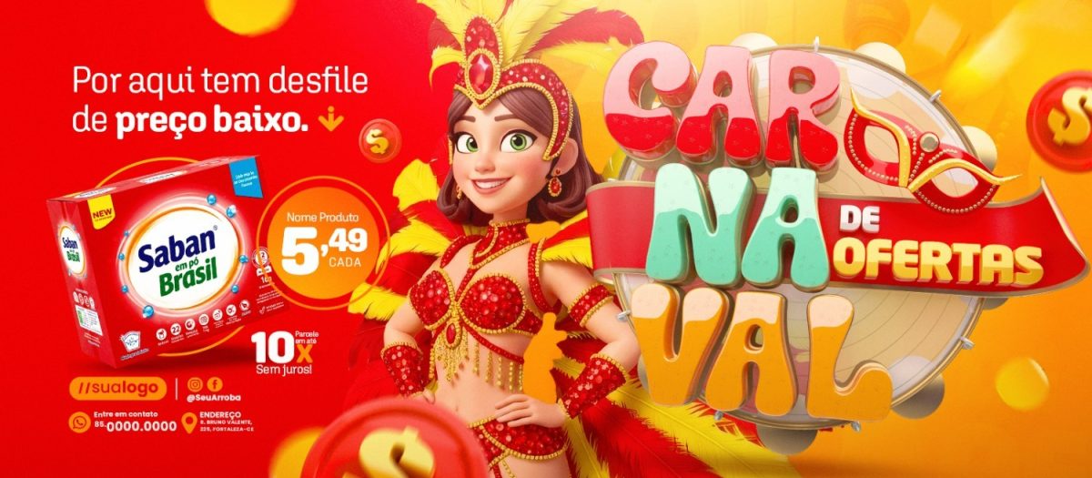Carnaval de Ofertas Desfile de Preço Baixo Banner PSD Editável