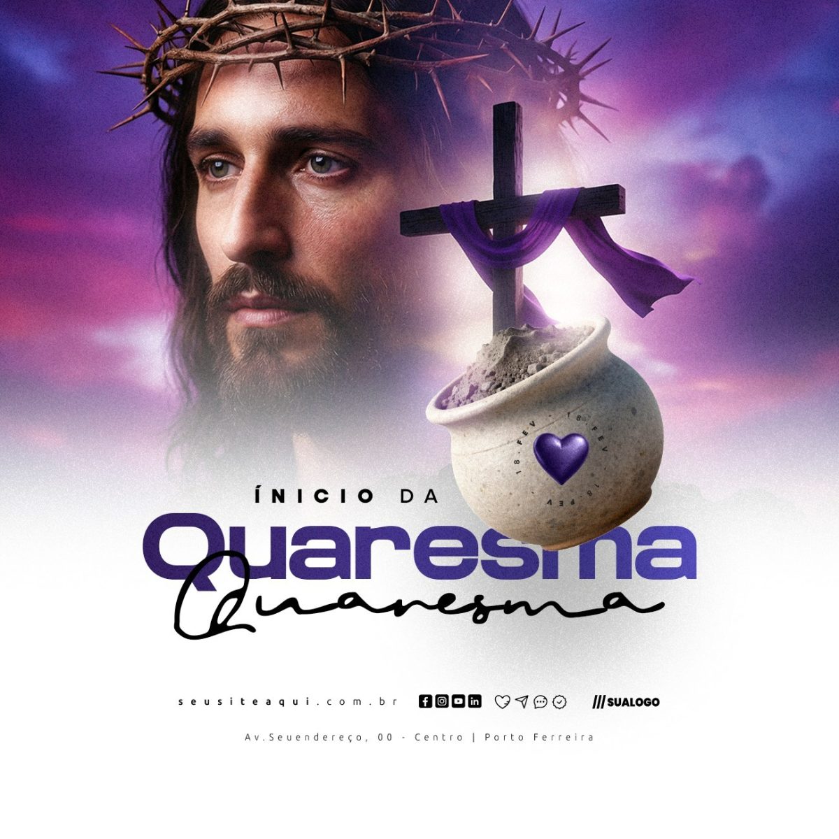 Quarta-feira de Cinzas: Início da Quaresma Jesus e Cruz Roxo PSD Editável