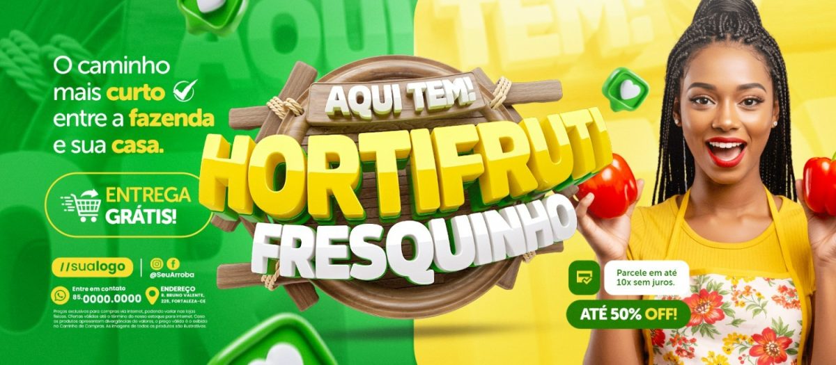 Hortifruti Fresquinho Entrega Grátis Até 50% Off Banner PSD Editável
