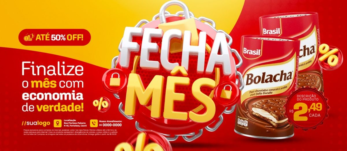 Campanha Fechamento do Mês com Até 50% Off Bolacha PSD Editável