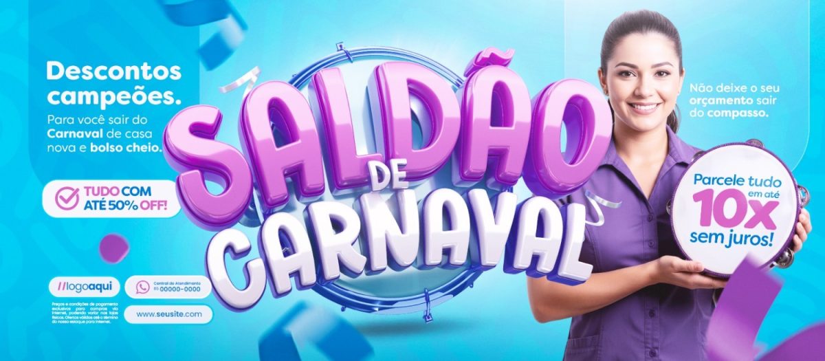 Banner Saldão de Carnaval Descontos Campeões Até 50% OFF PSD Editável