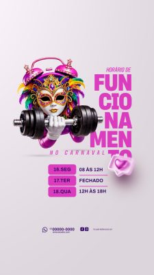 Carnaval Horário de Funcionamento Academia Máscara Haltere PSD Editável