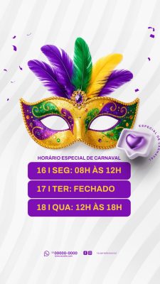 Carnaval Horário Especial Divulgação Festiva Redes Sociais PSD Editável