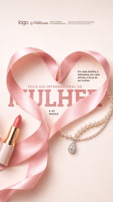 Mulher Feliz Dia Internacional da Mulher Laço Batom Pérolas PSD Editável