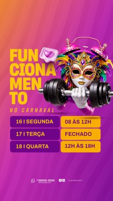 Carnaval Funcionamento Datas e Horários Academia Fitness PSD Editável