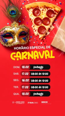 Horário de Funcionamento de Carnaval Pizzaria Social Media PSD Editável