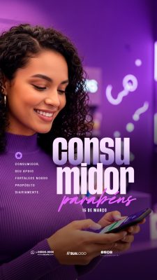 Story dia do Consumidor Parabéns 15 de Março Story Roxo e Rosa PSD Editável