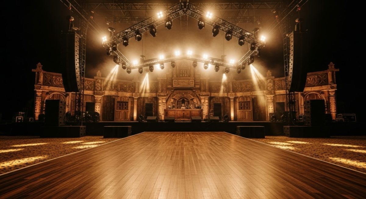 Palco de Eventos Iluminado e Preparado para Show Noturno