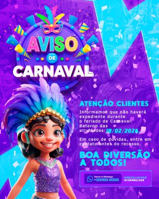 Carnaval Aviso de Feriado Retorno das Atividades 18/02/2026 PSD Editável