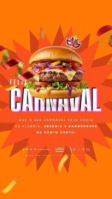 Story Feliz Carnaval Hamburgueria Energia e Alegria PSD Editável