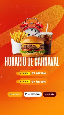 Story Horário de Carnaval Hamburgueria Lanche Festivo PSD Editável