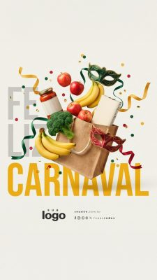 Carnaval Feliz Sacola de Compras Máscaras e Frutas PSD Editável