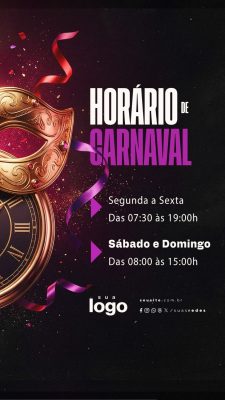 Carnaval Horário de Funcionamento Festivo com Máscara PSD Editável
