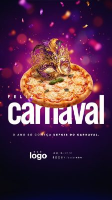 Carnaval Feliz Carnaval com Pizza e Máscara Foliã PSD Editável