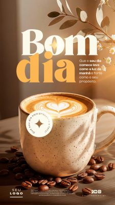 Bom Dia Café Inspirador Caneca Instagram e Stories PSD Editável