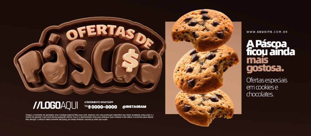 Banner Ofertas de Páscoa Cookies e Chocolates Promocionais PSD Editável