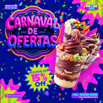 Carnaval de Ofertas Acaí Gelado Desconto de 15% Off PSD Editável