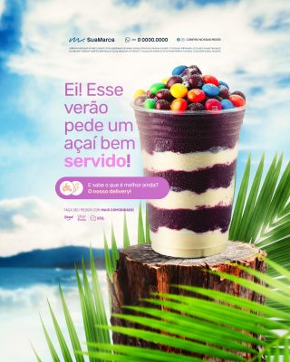 Verão Açaí Bem Servido e Delivery Flyer Vertical PSD Editável
