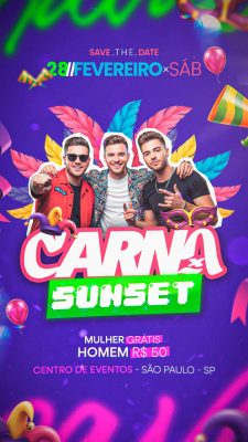 Carnaval Sunset 28 de Fevereiro Sábado Banner Festivo PSD Editável