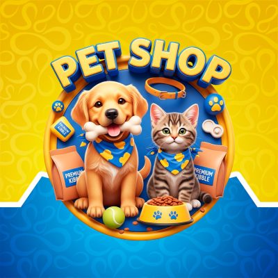 Pet Shop Cachorro e Gato Felizes Alimentos e Brinquedos PSD Editável