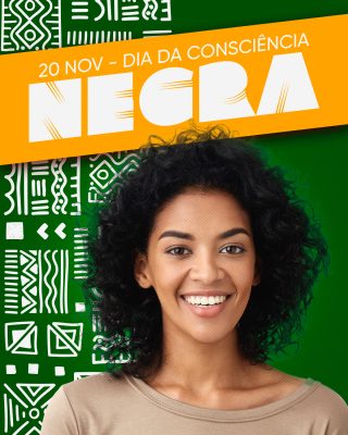 Consciência Negra 20 NOV Banner Mulher Sorrindo Arte Vibrante PSD Editável