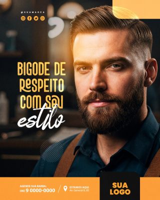 Barbearia Bigode de Respeito com Seu Estilo Post Redes Sociais PSD Editável