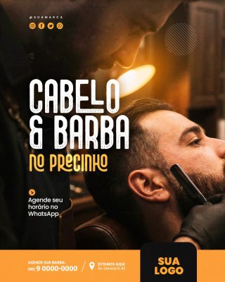 Barbearia Cabelo e Barba no Precinto Agende WhatsApp Arte PSD Editável