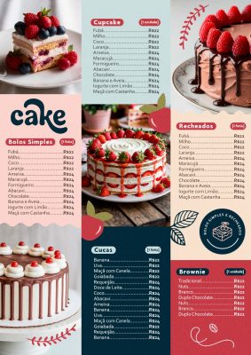 Modelo de Cardápio Cake Bolos Cupcakes Doces e Brownies PSD Editável