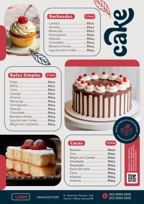 Modelo de Cardápio Menu Cake Bolos Simples Recheados PSD Editável