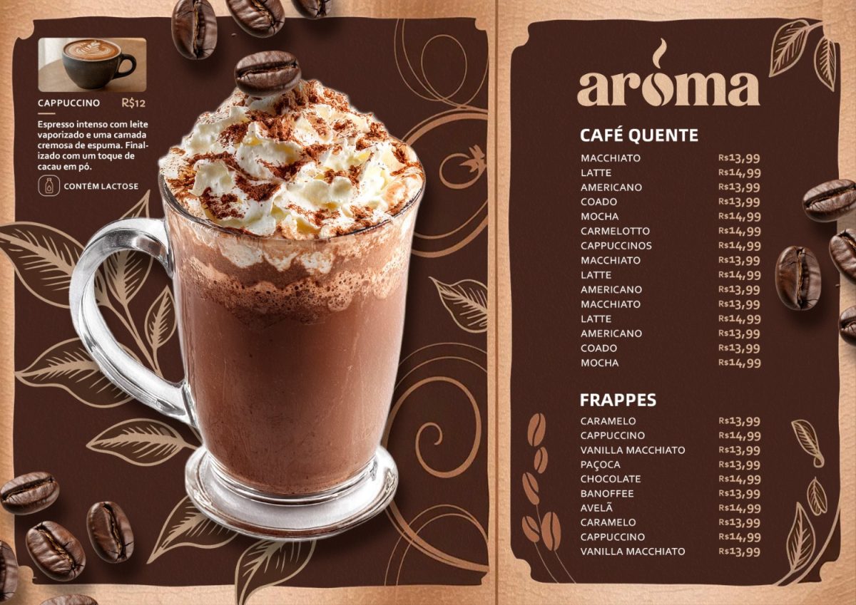 Modelo de Cardápio Aroma com Cappuccino Frappe Café Quente PSD Editável