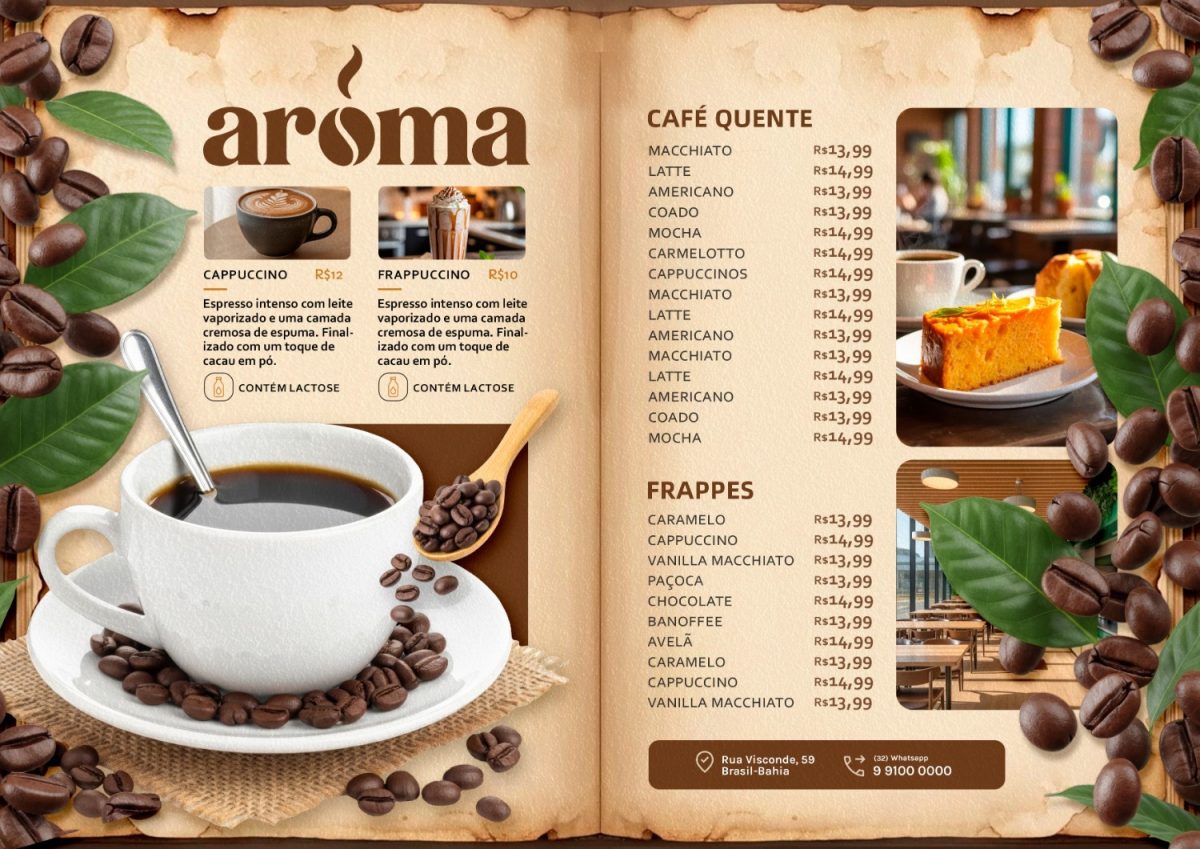 Modelo de Cardápio Aroma Menu de Cafés Quentes e Frappes PSD Editável