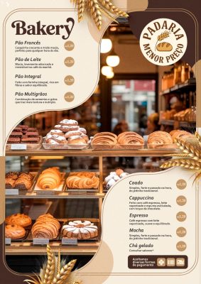 Modelo de Cardápio Padaria Menor Preço Pães e Cafés PSD Editável
