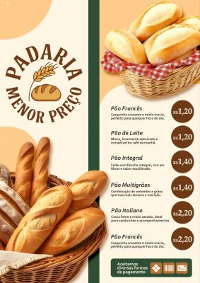 Modelo de Cardápio Padaria Menor Preço Pães PSD Editável