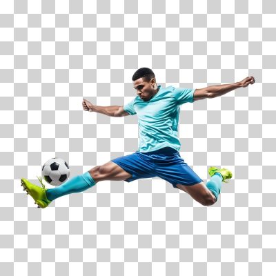 Jogador de Futebol Chutando Bola no Ar PNG Transparente