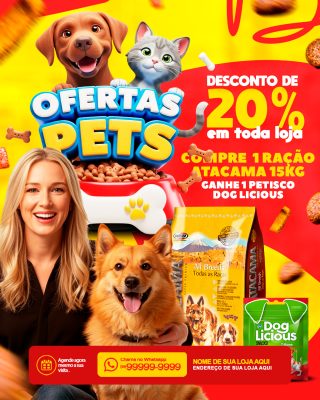Ofertas Pets Desconto 20% Ração Petisco Banner Promocional PSD Editável