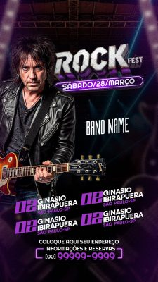 Flyer Story Rock Fest Evento Musical Sábado 28 Março Guitarrista Fundo Roxo PSD Editável