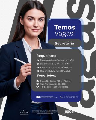 Temos Vagas Anúncio de Emprego Secretária Recrutamento PSD Editável