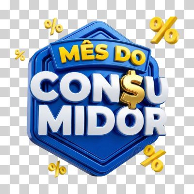 Selo 3D Mês do Consumidor Selo Azul e Amarelo com Símbolos de Porcentagem PNG Transparente