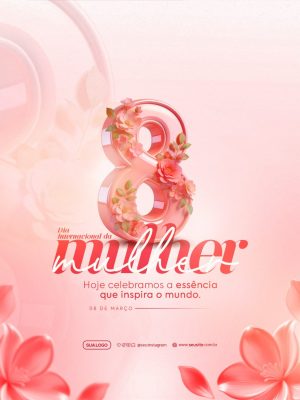 Dia Internacional da Mulher Modelo Rosa com Flores PSD Editável