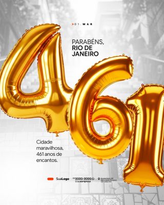 Rio de Janeiro Aniversário 461 Anos Balões Dourados PSD Editável