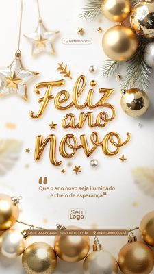 Ano Novo Feliz Arte Digitais Ouro e Prata PSD Editável